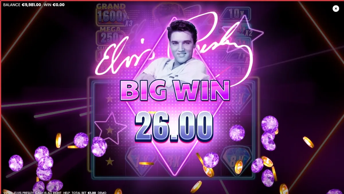 Tampilan visual slot Elvis Presley: Cash is All Right dengan nuansa neon Vegas