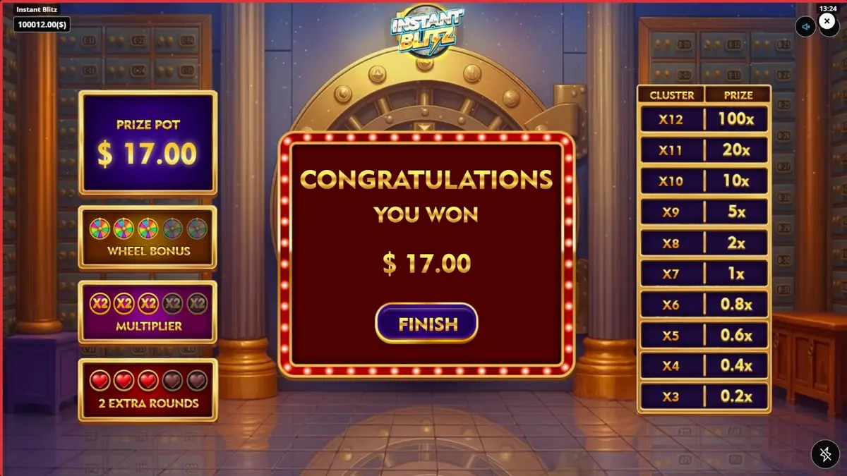 Tampilan visual slot Instant Blitz dengan tema brankas neon dan simbol cluster pays