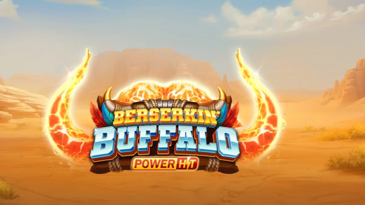 Tampilan visual slot Berserkin’ Buffalo Power Hit dengan latar belakang padang gurun dan simbol hewan liar.